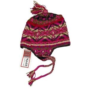 Newari Icelandic Design Nepal Wool Beanie Tassel Pom Earflap Beaded Lined Hippie
